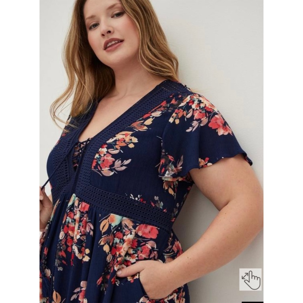 NWT Torrid Mini Gauze Lace Up Skater Dress Sz 1X Navy Blue Floral Print Boho - Picture 2 of 11